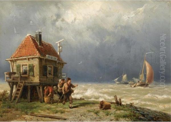 Figures Near A Pilot's House Oil Painting by Johannes Hermann Barend Koekkoek