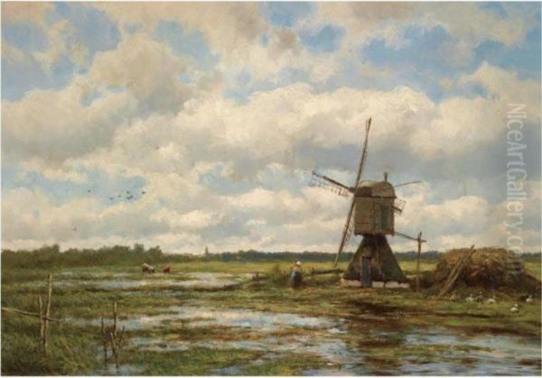 A Windmill In A Polder Landscape Oil Painting by Johannes Hermann Barend Koekkoek