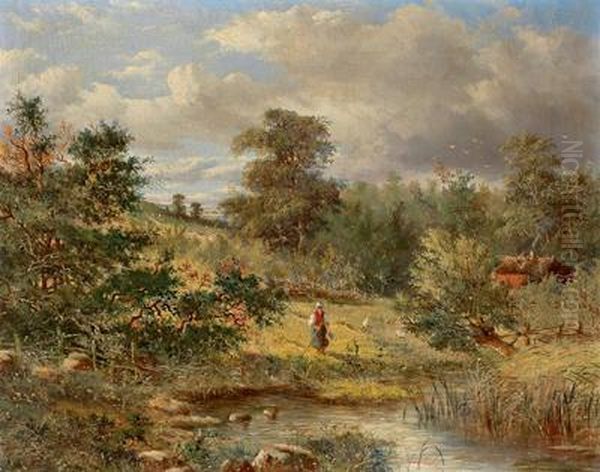 Bewaldete Landschaft Mit Einer Jungen Frau An Einem Gewasser Oil Painting by Johannes Hermann Barend Koekkoek