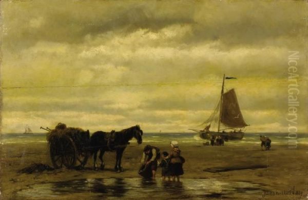 Seaweed Gatherers Oil Painting by Johannes Hermann Barend Koekkoek