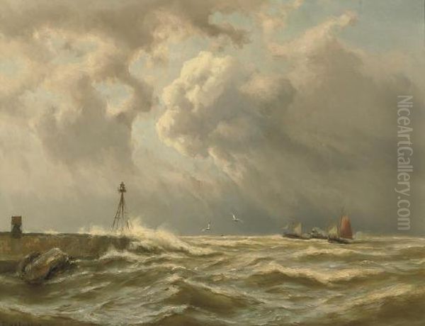 Sailing Ships And A Paddle Steamer By A Coast Oil Painting by Johannes Hermann Barend Koekkoek