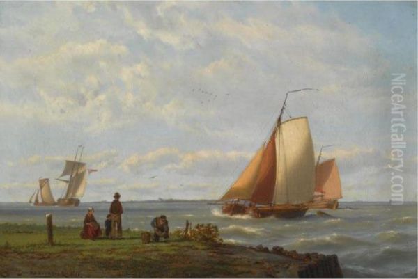 Shipping Off The Coast Oil Painting by Johannes Hermann Barend Koekkoek