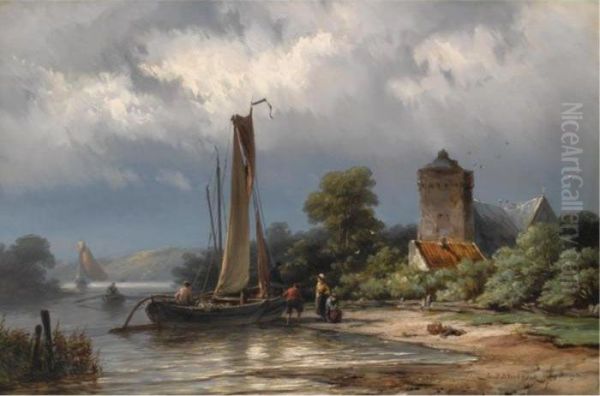 Mooring The Boat Oil Painting by Johannes Hermann Barend Koekkoek