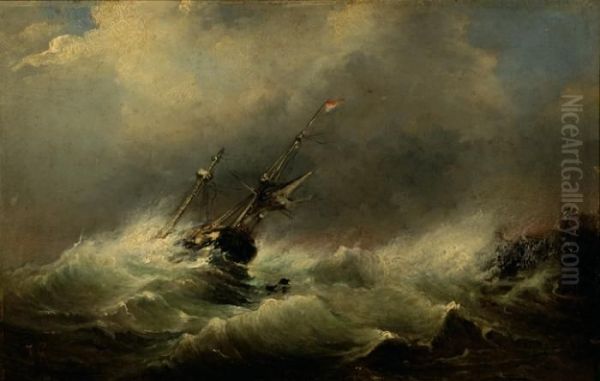 A Ship With Dutch Flag On A Wild Sea Oil Painting by Johannes Hermann Barend Koekkoek