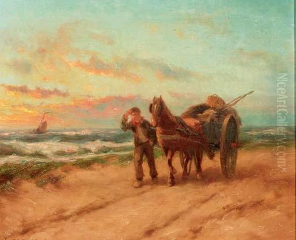 A Shell Fisher On His Way Home Oil Painting by Johannes Hermann Barend Koekkoek