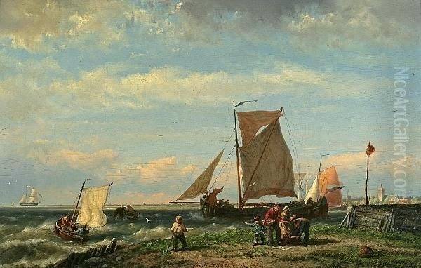 Harbor Scene With A Stormy Sea Oil Painting by Johannes Hermann Barend Koekkoek