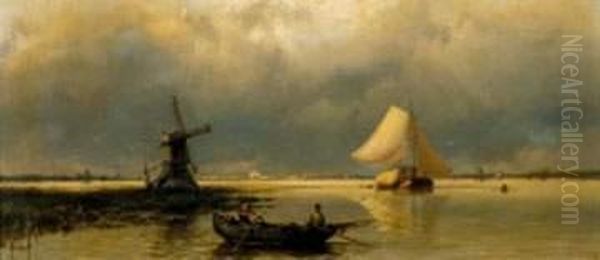 Retour De Peche Dans Un Paysage Hollandais Oil Painting by Johannes Hermann Barend Koekkoek