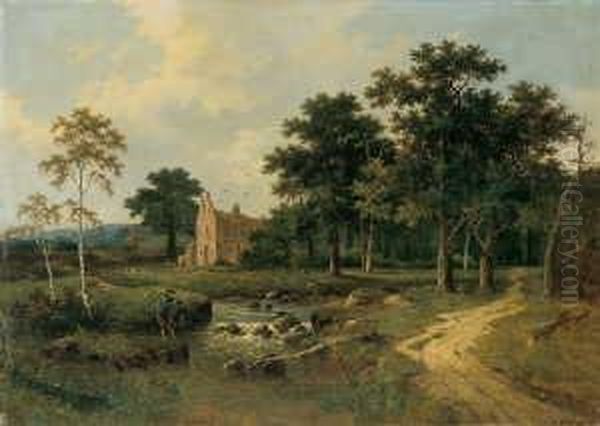 Bewaldete Landschaft Mit Einem Angler Vor Einer Oil Painting by Johannes Hermann Barend Koekkoek