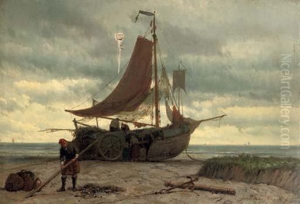 A Beached Bomschuit At Low Tide Oil Painting by Johannes Hermann Barend Koekkoek