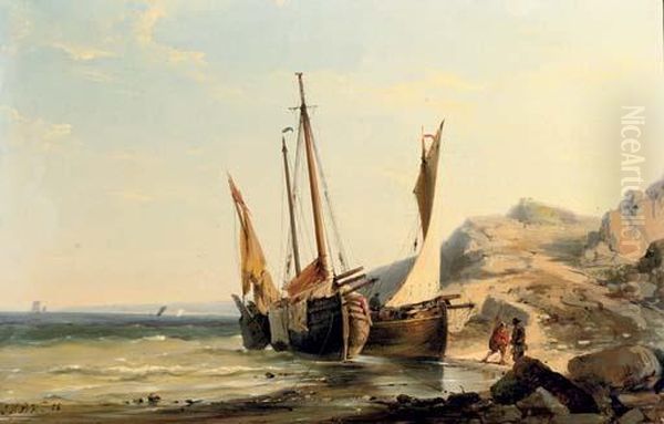 Boats Moored By A Rocky Beach Oil Painting by Johannes Hermann Barend Koekkoek