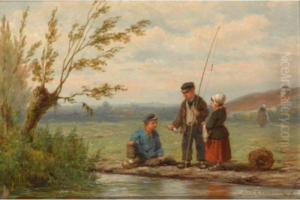 The Little Anglers Oil Painting by Johannes Hermann Barend Koekkoek