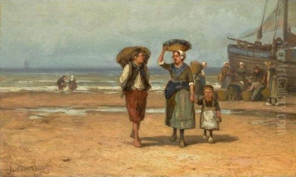 Unloading The Catch Oil Painting by Johannes Hermann Barend Koekkoek