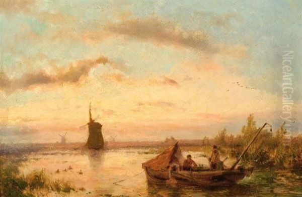 Figures In A Polder Landscape Oil Painting by Johannes Hermann Barend Koekkoek