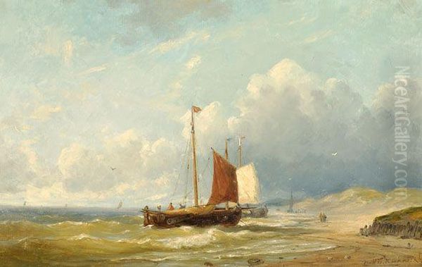 A View Of A Coast With Two Sailboats Oil Painting by Johannes Hermann Barend Koekkoek