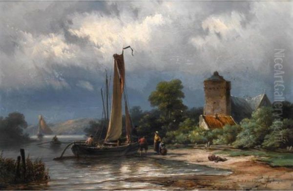 Landing On A River Oil Painting by Johannes Hermann Barend Koekkoek