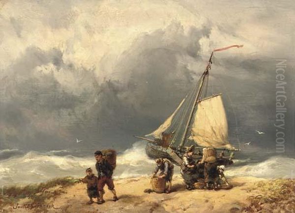 Fisherfolk On A Windswept Beach Oil Painting by Johannes Hermann Barend Koekkoek