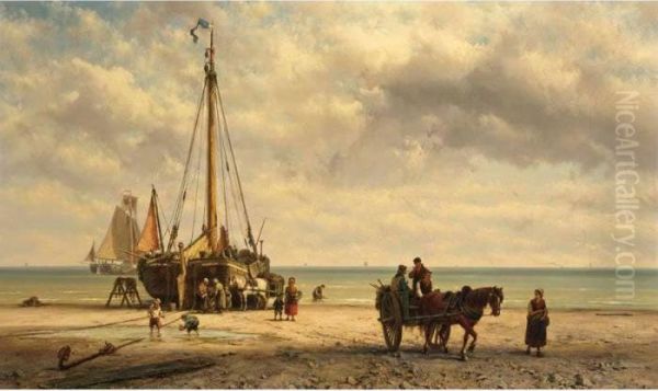 Bringing In The Catch Oil Painting by Johannes Hermann Barend Koekkoek