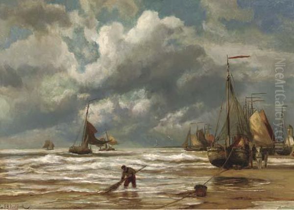 Bomschuiten On The Beach Of Katwijk Oil Painting by Johannes Hermann Barend Koekkoek