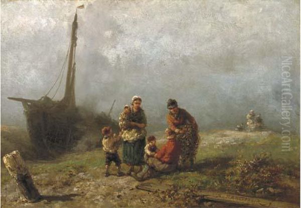 Fisherfolk In The Dunes Oil Painting by Johannes Hermann Barend Koekkoek