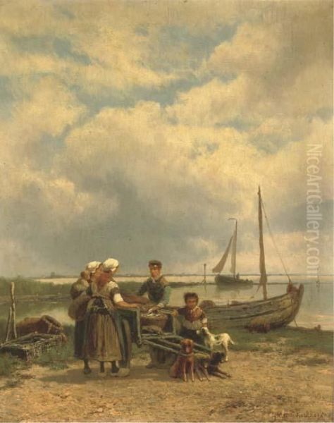 Loading The Catch Onto A Dog-cart Oil Painting by Johannes Hermann Barend Koekkoek