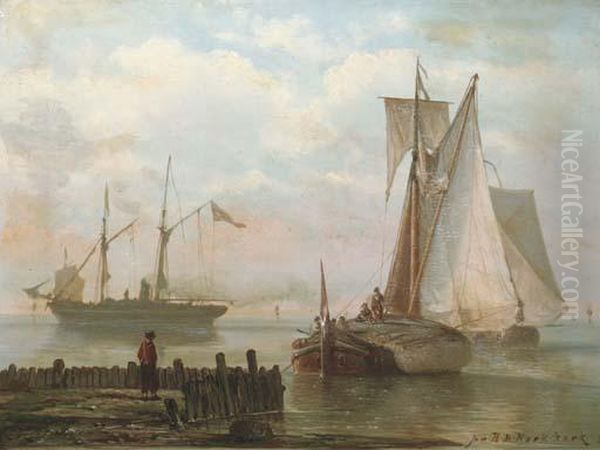 Sailing Vessels And A Steamship On A Calm Oil Painting by Johannes Hermann Barend Koekkoek