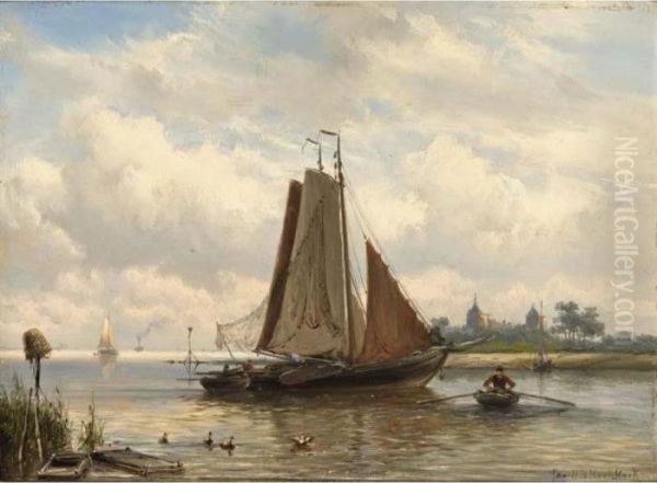 Fishing Boats At Anchor, The Muider Slot In The Distance Oil Painting by Johannes Hermann Barend Koekkoek