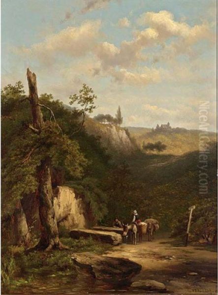 Resting Travellers In A Wooded Landscape Oil Painting by Johannes Hermann Barend Koekkoek