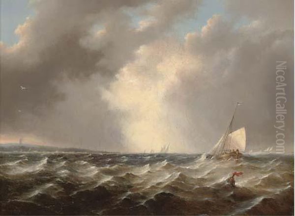 A Stiff Breeze Offshore Oil Painting by Johannes Hermann Barend Koekkoek