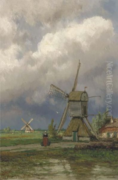 Windmills In A Dutch Polder Landscape Oil Painting by Johannes Hermann Barend Koekkoek