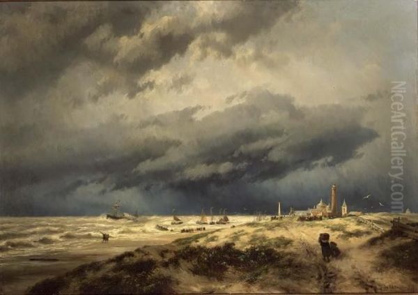 Rescue Near The Coast Of Scheveningen Oil Painting by Johannes Hermann Barend Koekkoek