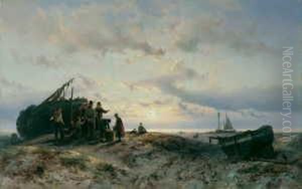 Fischer Am Strand. Signiert 
Unten Rechts: J.h.b. Koekkoek. Ol Auf Leinwand (doubliert). H 43; B 67 
Cm. Oil Painting by Johannes Hermann Barend Koekkoek