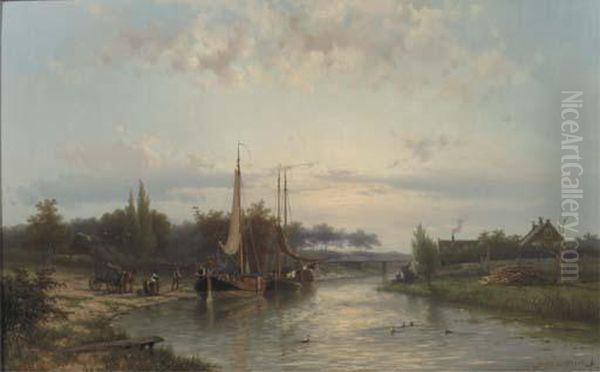 Unloading The Riverbarges In Summer Oil Painting by Johannes Hermann Barend Koekkoek