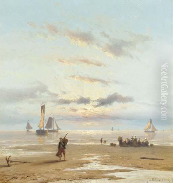 Sunset At Scheveningen Beach Oil Painting by Johannes Hermann Barend Koekkoek