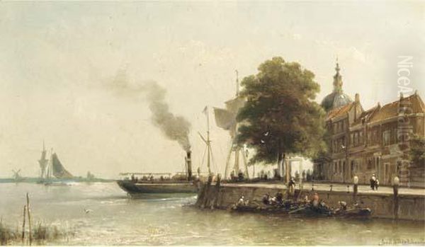 Aan De Kade: A Steamship Passing The Groot Hoofd, Dordrecht Oil Painting by Johannes Hermann Barend Koekkoek