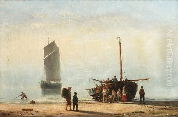 Unloading The Catch Oil Painting by Johannes Hermann Barend Koekkoek