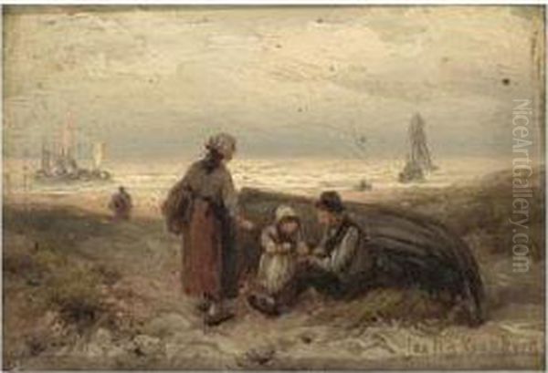 A Fisherman's Family In The Dunes Oil Painting by Johannes Hermann Barend Koekkoek