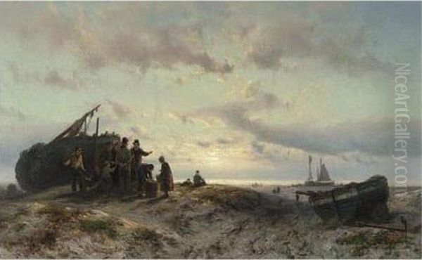 A Beach Scene Oil Painting by Johannes Hermann Barend Koekkoek