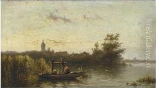 Fishermen In A Polder Landscape Oil Painting by Johannes Hermann Barend Koekkoek