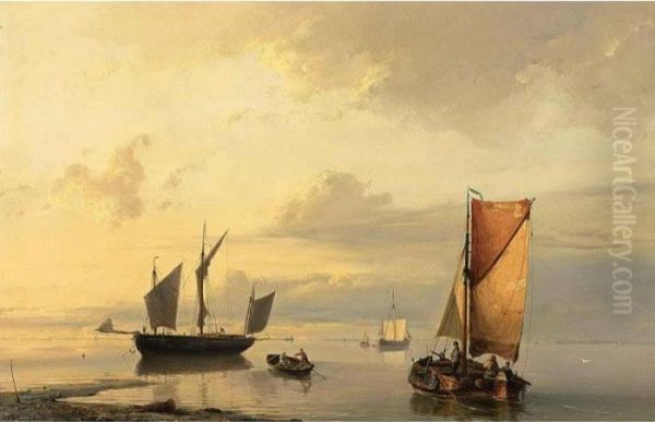 Shipping In A Calm Oil Painting by Johannes Hermann Barend Koekkoek