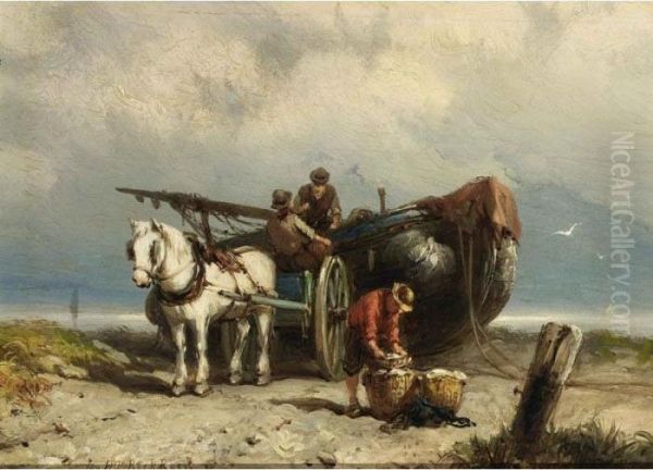 Unloading The Catch Oil Painting by Johannes Hermann Barend Koekkoek