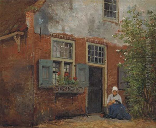 Sewing On The Doorstep Oil Painting by Johannes Hermann Barend Koekkoek