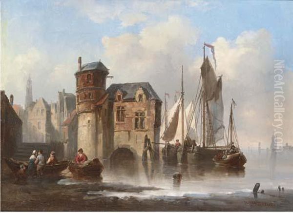 Barges Moored Off A Merchant's House In The Low Countries Oil Painting by Johannes Hermann Barend Koekkoek