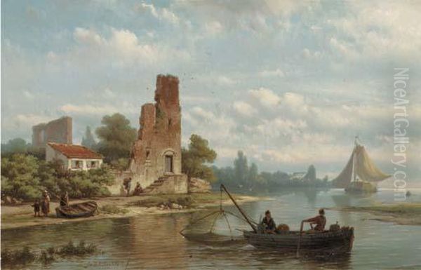 Fishermen Near A Ruin On A Riverbank Oil Painting by Johannes Hermann Barend Koekkoek