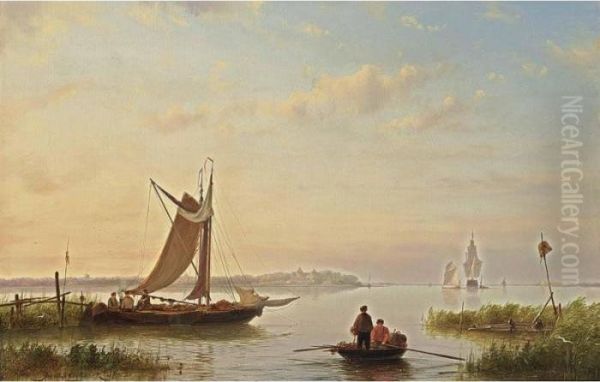 Shipping In A Calm Oil Painting by Johannes Hermann Barend Koekkoek