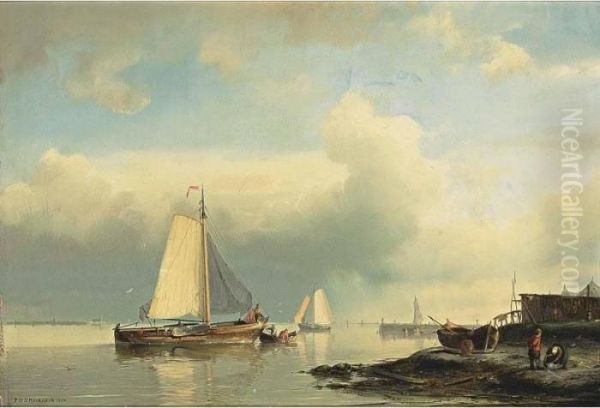 Shipping In A Calm Oil Painting by Johannes Hermann Barend Koekkoek