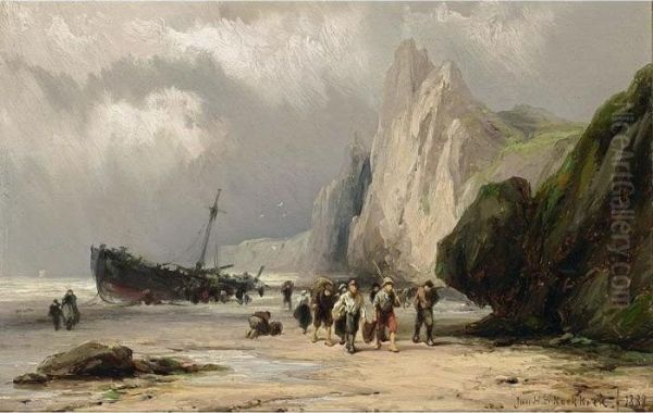 A Coastal Scene Oil Painting by Johannes Hermann Barend Koekkoek