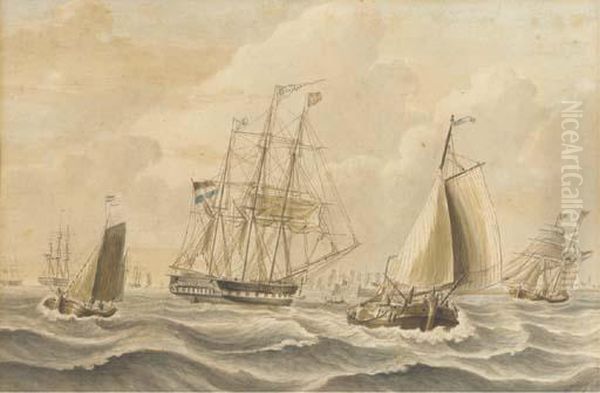 The Dutch Barque Cornelia Off A Fleet Anchorage Oil Painting by Johannes Hermann Barend Koekkoek