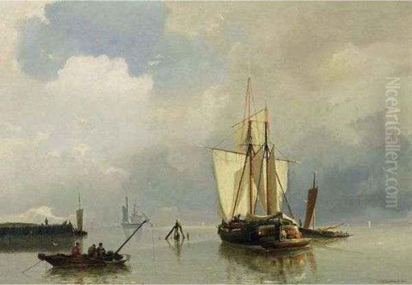 Shipping In A Calm Oil Painting by Johannes Hermann Barend Koekkoek