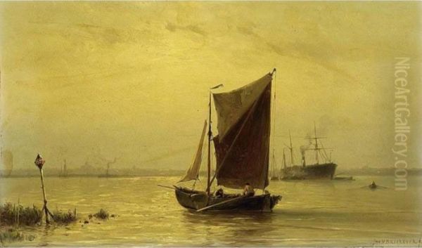 Shipping On The River Maas Near Rotterdam Oil Painting by Johannes Hermann Barend Koekkoek