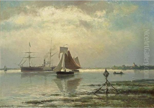 Shipping In An Estuary Oil Painting by Johannes Hermann Barend Koekkoek